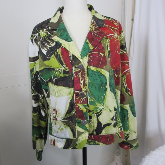 Chico's Holiday Floral Shirt Jacket Christmas Red Green Blazer Size 2 Large - Picture 1 of 11